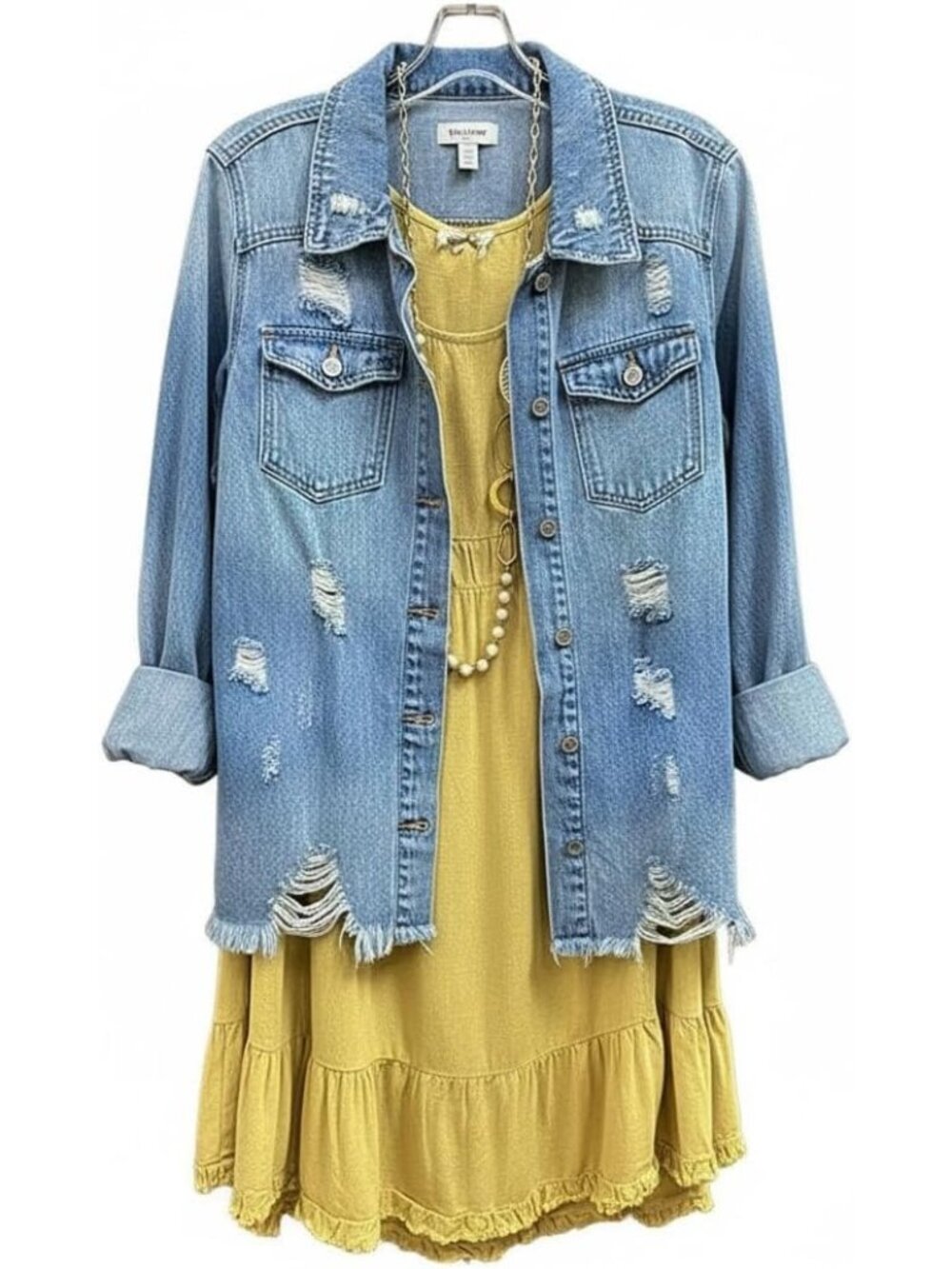 Women's Light Blue Ripped Distressed Button Down Mid Long Casual Jean Jacket